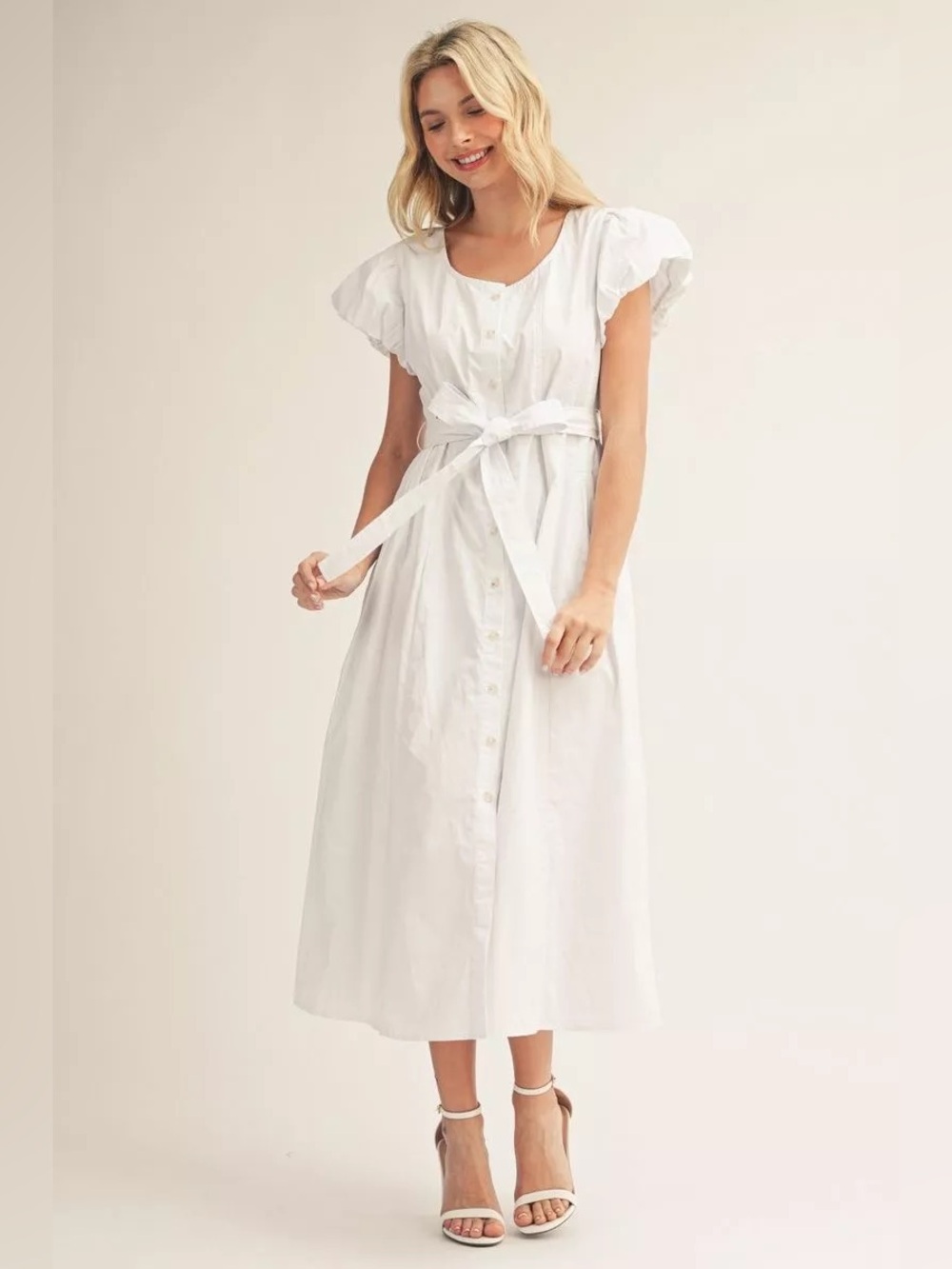 #293 New! Cotton White Button-Front Tie-Waist Midi Dress - Picture 3 of 4